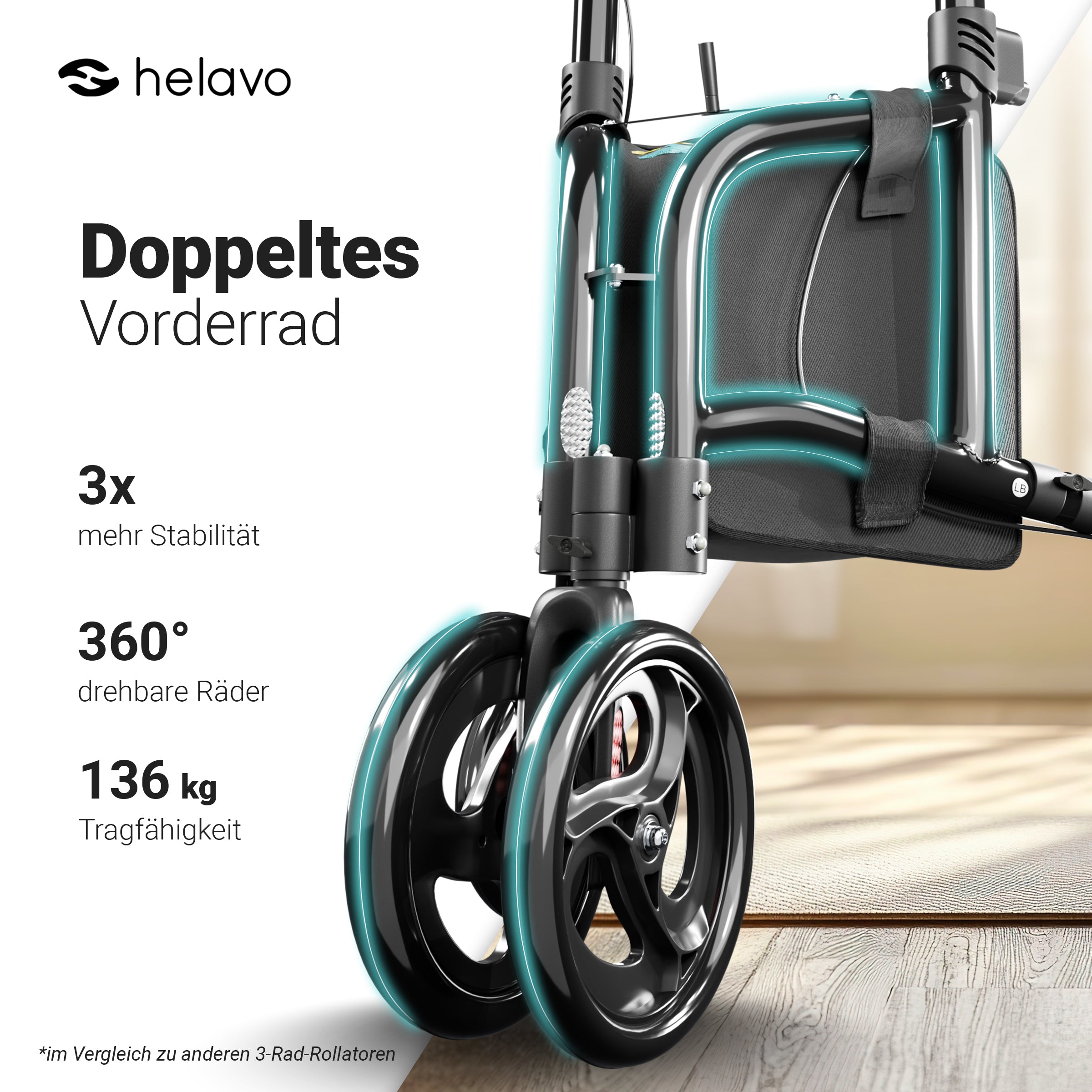 3 Räder Rollator Schmal mit Doppelten Vorderrädern H1080 Schwarz