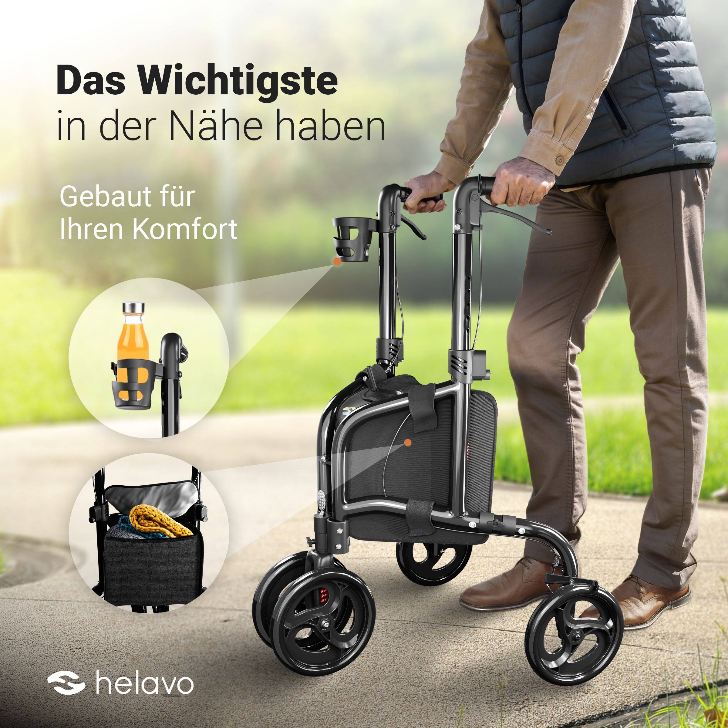 3 Räder Rollator Schmal mit Doppelten Vorderrädern H1080 Schwarz