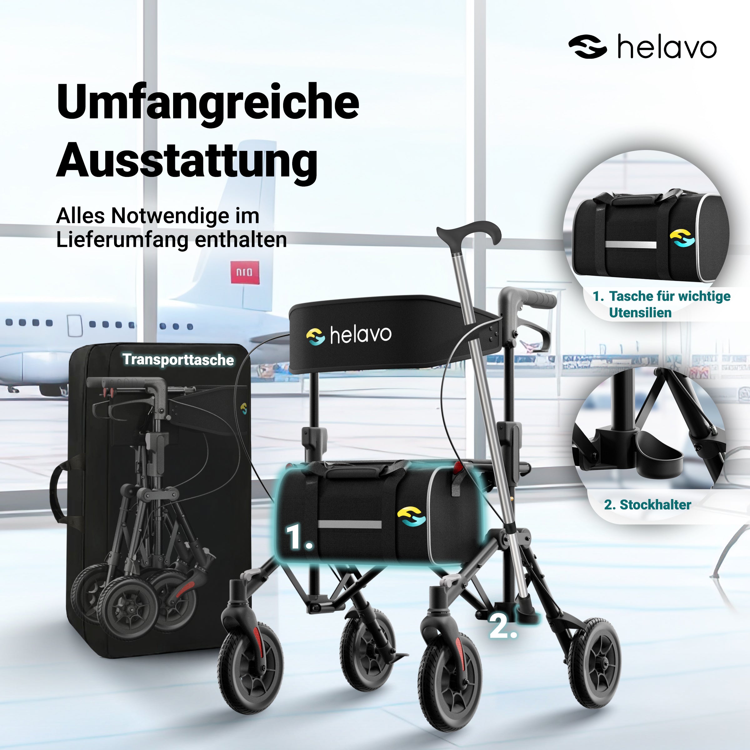 Reiserollator faltbar und leicht mit Sitz für Senioren H1320 Schwarz