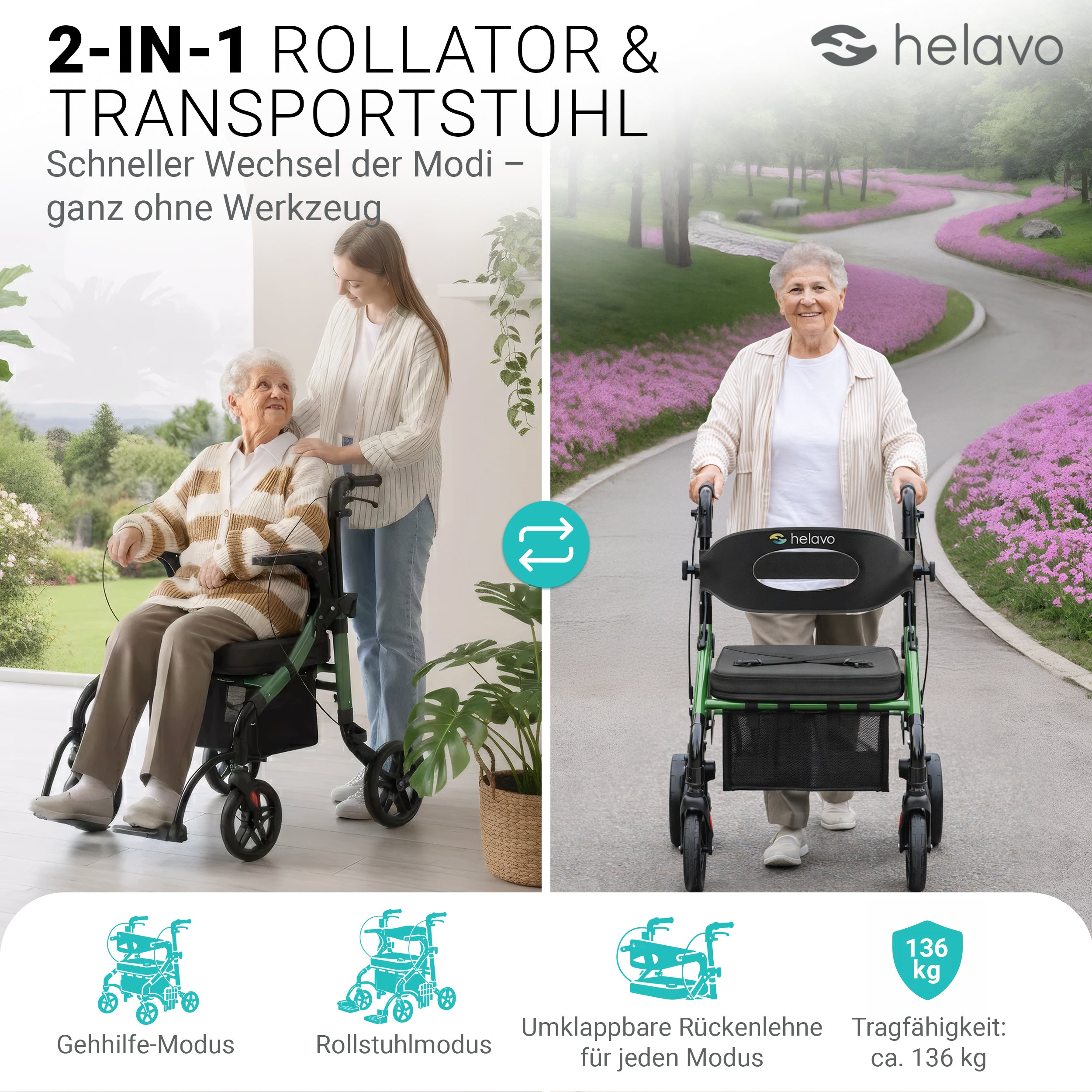 2 in 1 Rollator & Rollstuhl in Einem H1170 Grün